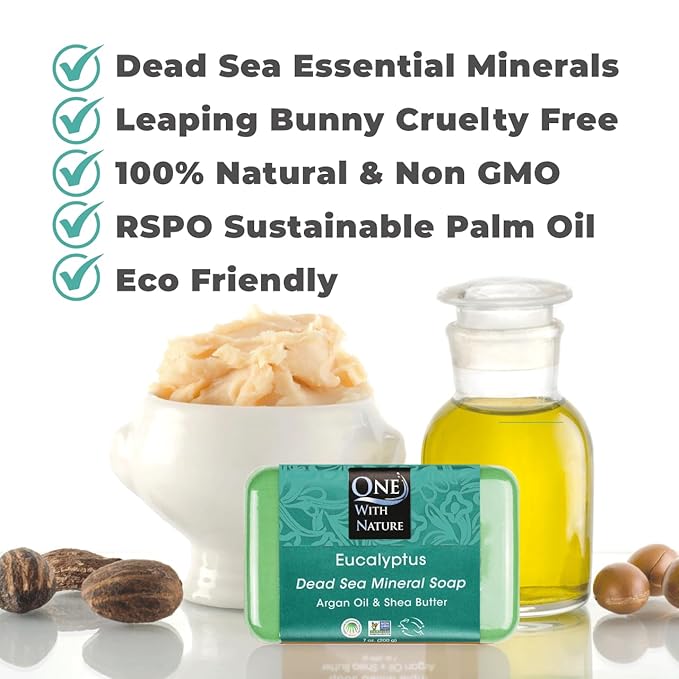 One With Nature Eucalyptus Soap 7oz 3-Pack – Rejuvenating and Exfoliating Soap Bar with Dead Sea Salt for Face & Body, for Men & Women