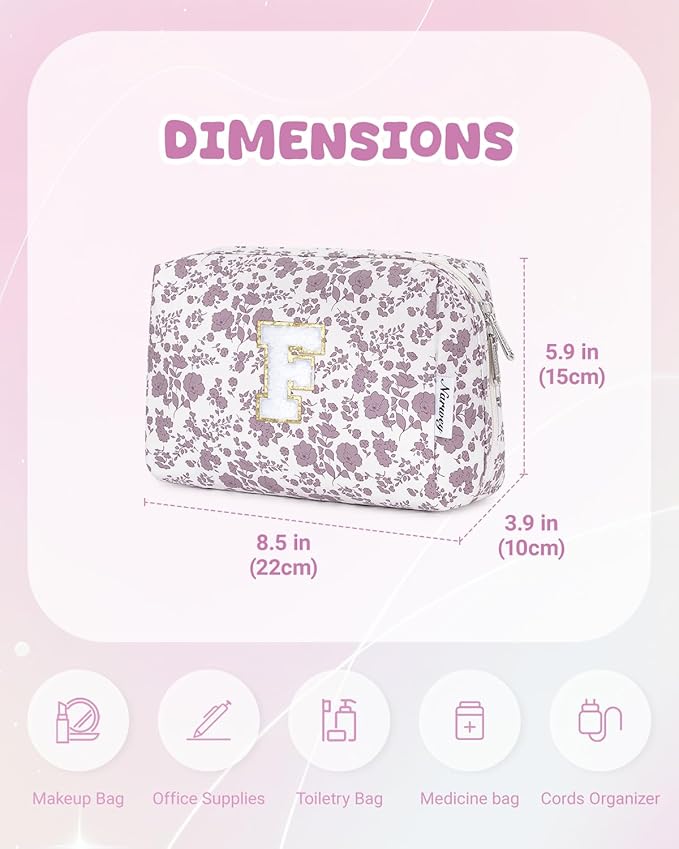 Narwey Birthday Gifts for Teen Girls Kids Women Personalized Initial Floral Makeup Bag Cute Cosmetic Trendy Stuff 6 8 10 11 12 13 14 16 18 Years Old Travel Toiletry Bag (Little Dusty Pink Flower F)