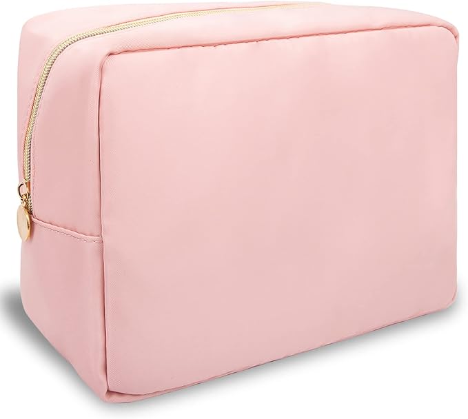 Nylon Large Makeup Bag Travel Pouch for Women, Preppy Big Pink Makeup Bag Cute Cosmetic Zipper Pouch Purse, DIY Chenille Letter Bag Waterproof Toiletry Bag Clutch Makeup Organizer for Women Girl(Pink)