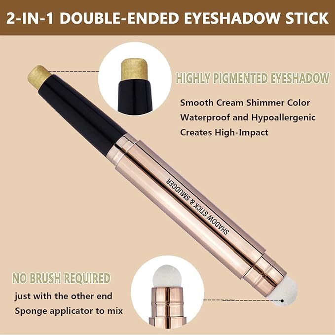 Gold Eyeshadow Stick Makeup Metallic And Matte Shimmer Cream Eye Shadow Pencil Crayon Smooth Glitter Primer Palette Long Lasting Waterproof Highlighter Hypoallergenic Eye Liner