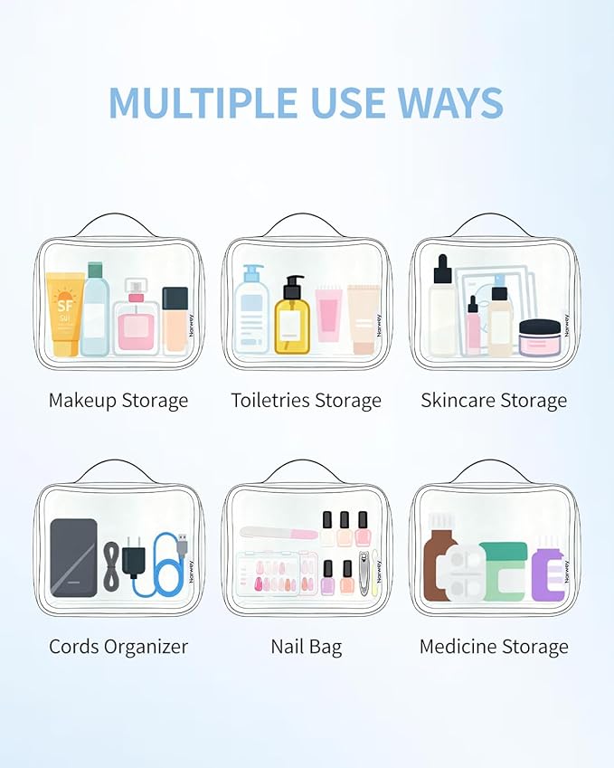 Narwey TSA Approved Clear Toiletry Bag for Travel, Waterproof PVC Clear Makeup Bags, Portable Compact Cosmetic Bag Make Up Organizer, Airport Airline Quart Size Compliant Bag (Greyish Blue Stripe)