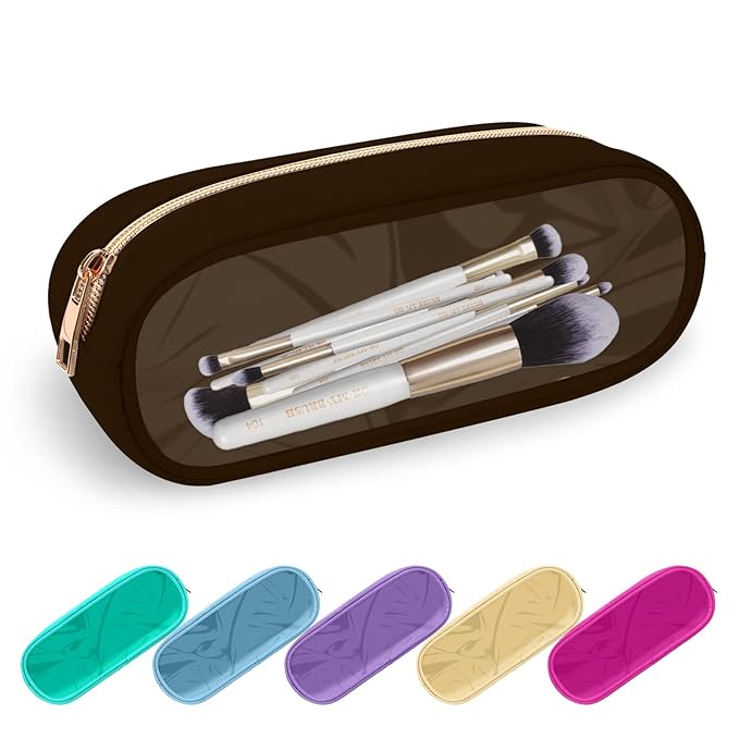 Clear Small Pencil Pouch Makeup Bag for Purse,Nylon&PVC Pencil Case Waterproof Makeup Brush Holder with Zipper,Preppy Transparent Pen Bag Travel Cosmetic Bag for Women Office(Slim-Chocolate)