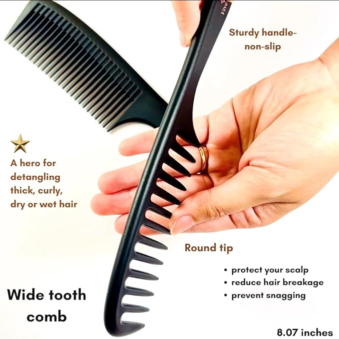 VIVEDGE| Curly Hair Comb Set | Carbon Fiber Detangler Wide Tooth Parting Combs anti static frizz-free with Premium Acccessories for Styling | Gift set for loved ones (Black-Pink)