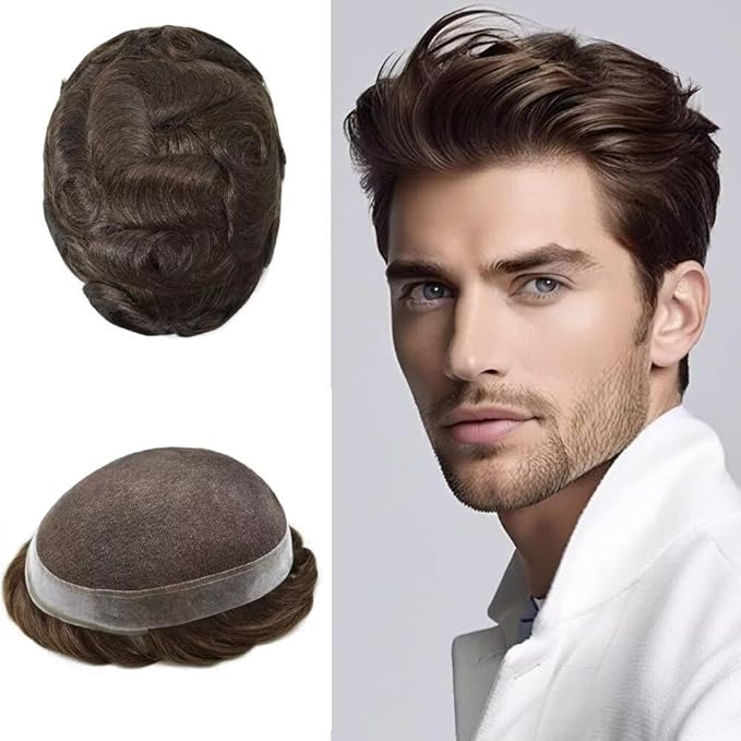 FACE MIRACLE Toupee for Men Lace Center Mens Toupee Hairpiece for Man Human Hair Replacement System Lace Center with Poly around Hair Units Mens Wig Hair Prosthesis 6"X9" #4ASH