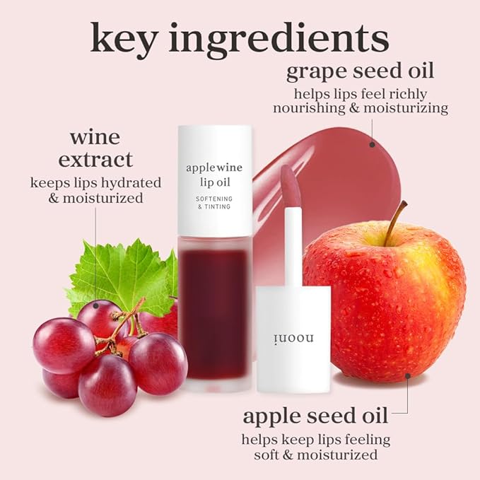 NOONI Korean Lip Oil - Applewine | Long-Lasting, Moisturizing, Plumping, Revitalizing for Dry Lips, Waterproof, No Peel Off, Hydrating, Stocking Stuffers, Gifts For Women, 0.12 FL Oz