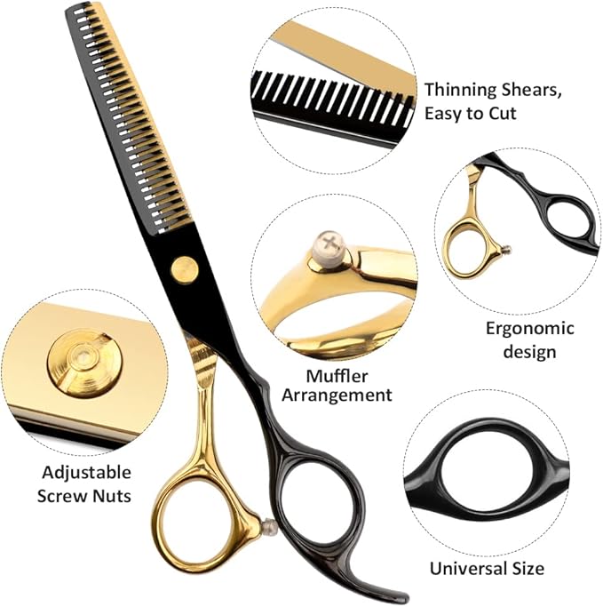 Professional Black Gold Hairdressing Scissors Stainless Steel Barber Hair Cutting Sets Salon Multifunctional Straight Shears Teeth Scissors Thinning Shears Tools for Mother Father's Gift