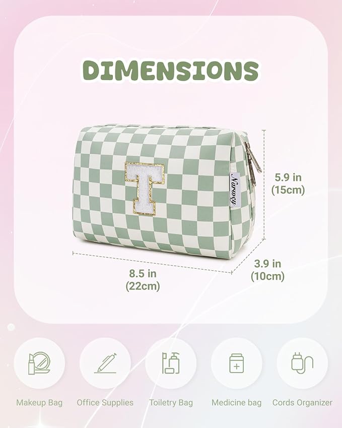 Narwey Birthday Gifts for Teen Girls Women Personalized Initial Checkered Makeup Bag Preppy Cosmetic Bag Trendy Stuff 6 8 10 11 12 13 14 16 18 Years Old Travel Toiletry Bag (Green Letter T)
