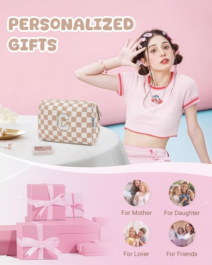 Narwey Birthday Gifts for Women Teen Girls Kids Personalized Initial Checkered Makeup Bag Cute Cosmetic Bag Trendy Stuff 6 8 10 11 12 13 14 16 18 Years Old Travel Toiletry Bag (Brown Letter C)
