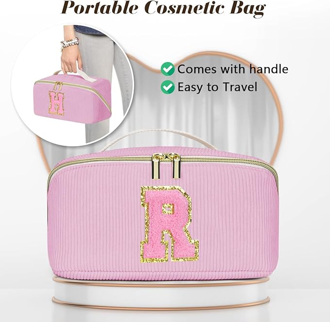 Personalized Initial Makeup Bag,Christmas Gifts for Girl,Preppy Bag Cosmetic Travel Bag Women,Travel Toiletry Organizer,Large Capacity Corduroy Stuff Bag,Cute Cosmetic Pouch Skincare Bag-X