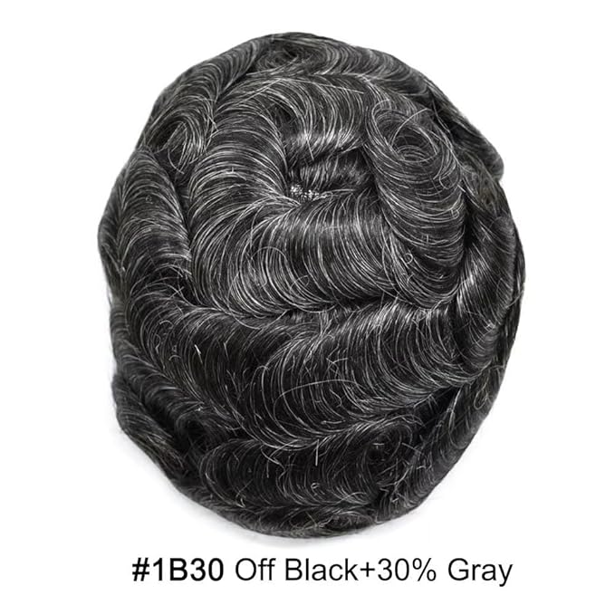 FACE MIRACLE Toupee for Men French Lace Hairpiece Human Hair Replacement System Skin PU Mens Toupee V-Looped Front Hair Piece 6"X8" #1B30 1B# OFF BLACK WITH 30% SYNTHETIC GREY-80% Light Density