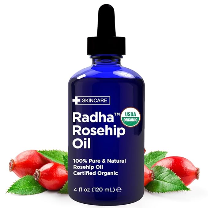 Radha Beauty 4 oz Organic Rosehip Seed Oil 100% Pure Cold Pressed - Great Carrier Oil for Moisturizing Face, Hair, Skin, & Nails, Hydrating and Nourishing
