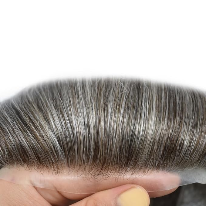 FACE MIRACLE Toupee for Men French Lace Hairpiece Human Hair Replacement System Skin PU Mens Toupee Hair Wigs for Man V-Looped Front Hair Prosthesis 8"X10" #450 4# MEDIUM BROWN WITH 50% SYNTHETIC GREY
