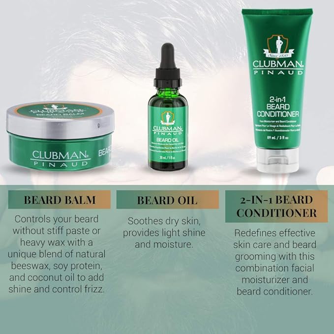 Clubman Pinaud 3-in-1 Beard Kit – Includes Conditioner, Beard Oil and Balm, Starter Kit for Men