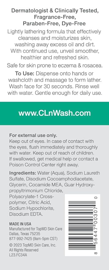 CLn® Facial Cleanser - Hydrating Facial Cleanser with Glycerin, For Skin Prone to Dryness, Eczema, Redness, Irritation & Acne Sensitivity, Fragrance-Free & Paraben-Free, 3.4 fl. oz.