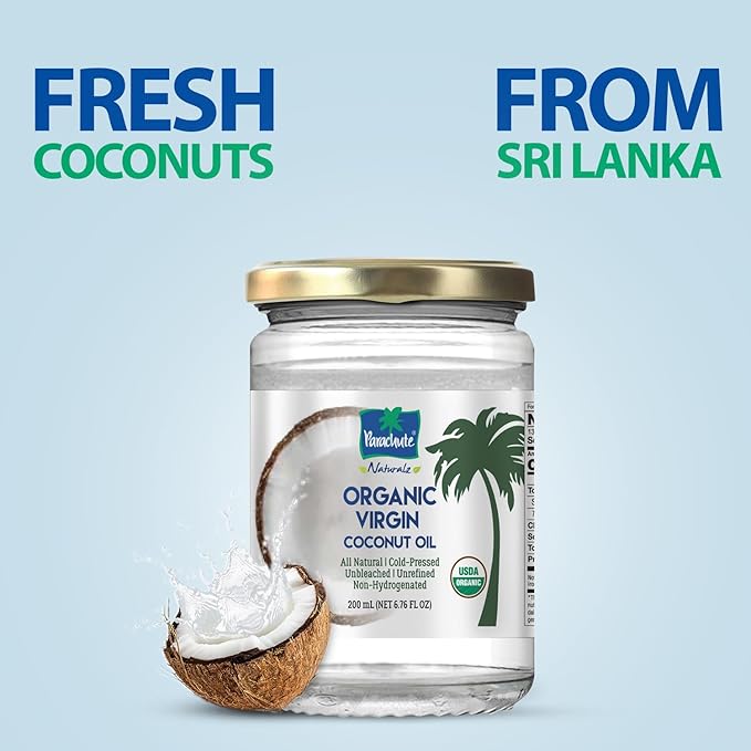 Parachute Naturalz Organic Virgin Coconut Oil | Cooking, Hair, Body Oil & Pulling | Cold Pressed | Unrefined | Unbleached | MCT Oil | USDA Certified | 6.7 fl.oz | Pack of 2 | Glass Jar