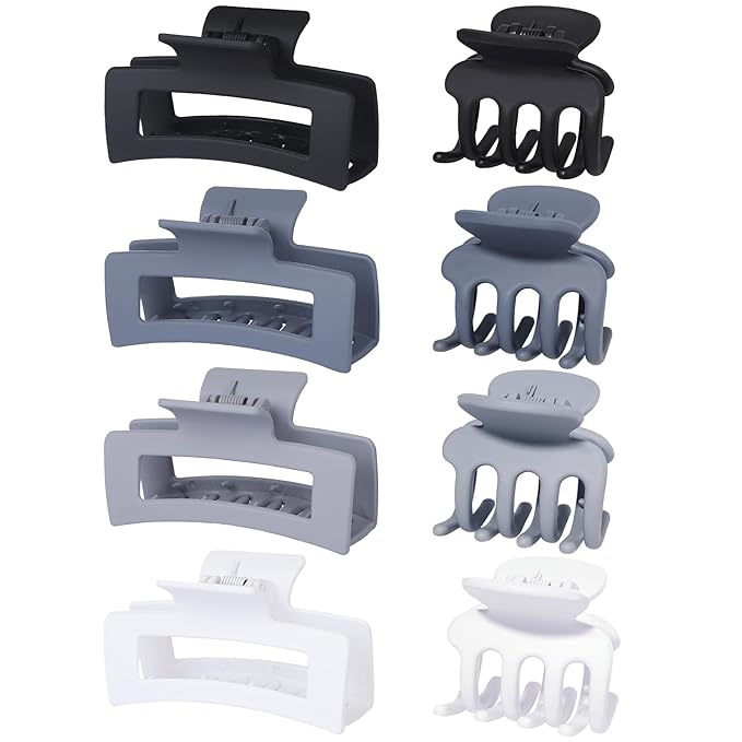 Medium Hair Clips for Women 8 Pcs Small Claw Clips for Thin and Thick Hair 2 Styles Hair Claw Clips Combination Rectangle Banana Jaw Hair Accessories for Women and Girls (Grey)