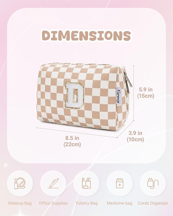Narwey Birthday Gifts for Women Teen Girls Kids Personalized Initial Checkered Makeup Bag Cute Cosmetic Bag Trendy Stuff 6 8 10 11 12 13 14 16 18 Years Old Travel Toiletry Bag (Brown Letter D)