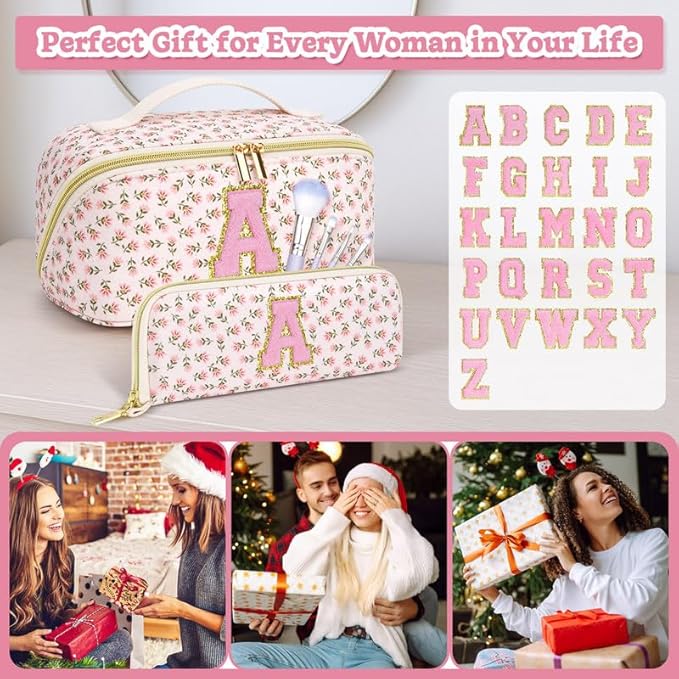 Personalized Travel Makeup Bag Set,Initial Travel Cute Floral Makeup Organizer Bag,Toiletry Skincare Cosmetic Bag,Christmas Gifts for Women/Girls,Open Flat Toiletry Pouch with Brush Pocket-H