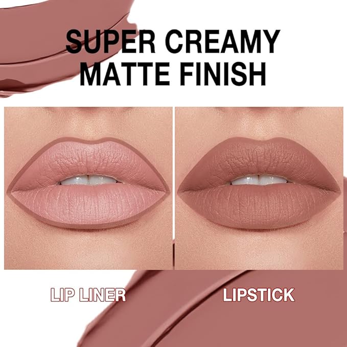 evpct Nude Brown Gradient Matte Lipstick Lip Liner Crayon Combo Pencil Set for Older Women Long Lasting Waterproof, Matte Brown Nude Cream Lip Liner and Lipstick Combo Makeup, Flawless Ombre Effect