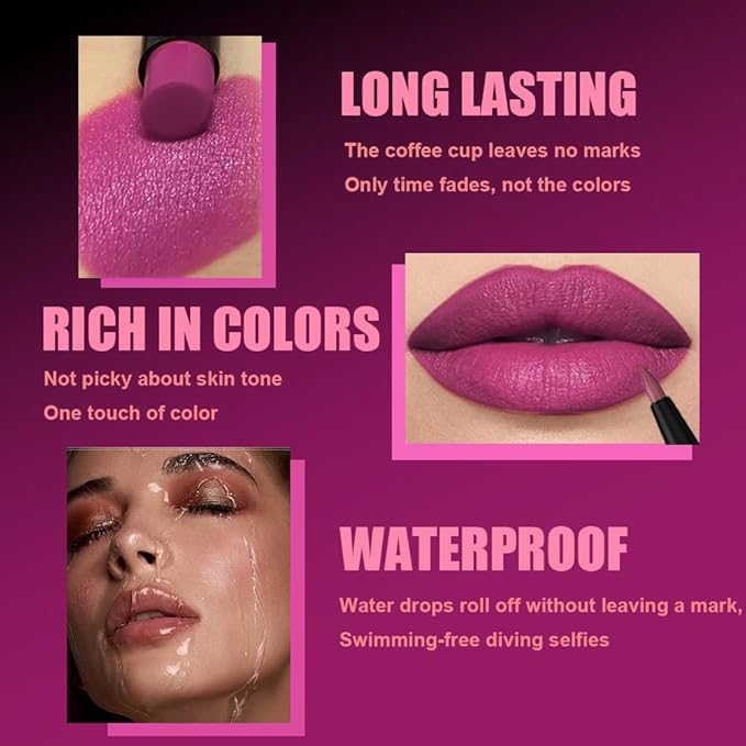 6Pcs 2 in 1 Dark Light Purple Lip Liner and Lipstick Combo Set for Women,Lipstick Stain Lip Liner for Daily & Party Long Lasting Waterproof Smudge Proof 24 Hour Full Coverage Vegan Lip Makeup Kit