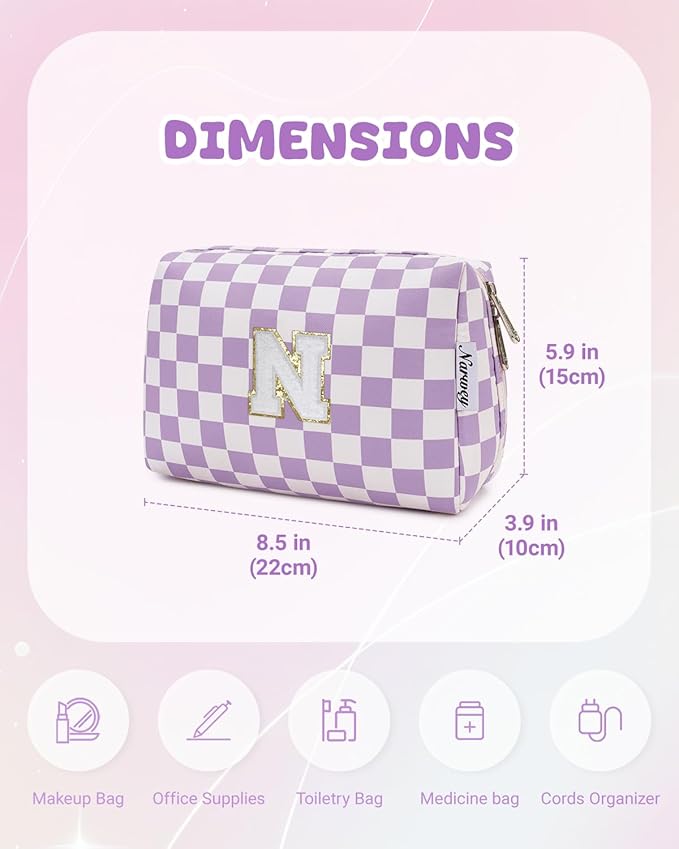 Narwey Birthday Gifts for Women Teen Girls Kids Personalized Initial Makeup Bag Monogram Preppy Cosmetic Bag Trendy Stuff 6 8 10 11 12 13 14 16 18 Years Old Travel Toiletry Bag (Purple N)