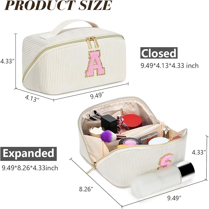 Personalized Initial Makeup Bag,Christmas Gifts for Girl,Preppy Bag Cosmetic Travel Bag Women,Travel Toiletry Organizer,Large Capacity Corduroy Stuff Bag,Cute Cosmetic Pouch Skincare Bag-U
