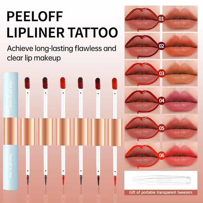 Matte Lip Stain Peel Off Lip Gloss& Lip Liner 2-in-1: One end defines lips with precision liner, the other peels off to reveal long-lasting, waterproof, smudge-proof, transfer-proof matte color.1#