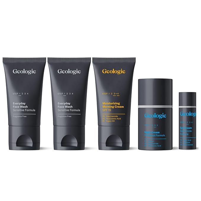Geologie Sensitive Skincare Set for Men & Women | 3-Month Gentle & Effective Daily Skin Routine | Acne, Oily Skin, Dark Spots | Face Wash 2-Pack, Retinol Face Cream, SPF15 Moisturizer & Eye Cream