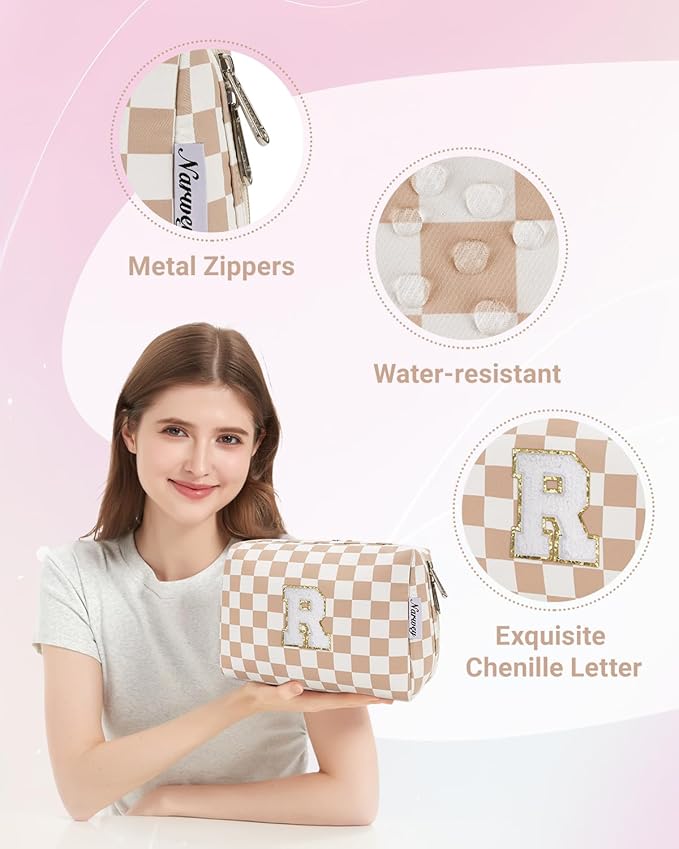 Narwey Birthday Gifts for Women Teen Girls Kids Personalized Initial Checkered Makeup Bag Cute Cosmetic Bag Trendy Stuff 6 8 10 11 12 13 14 16 18 Years Old Travel Toiletry Bag (Brown Letter R)