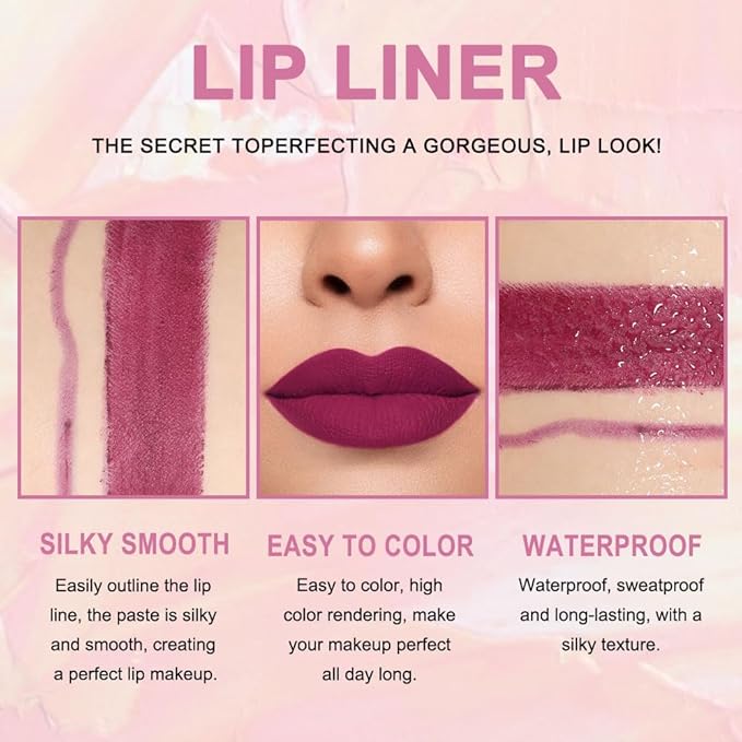2-in-1 Plum Purple Lip Liner & Lipstick Set Kit for Women, Matte Lips Kit with Lip Liner Lip Stains Long Lasting Waterproof 24 Hour Lipstick and Lip Liners Combo Lipliners Pencil Set 05