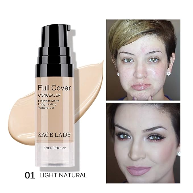 Waterproof Full Coverage Concealer With Primer Sponge Set, Smooth Matte Flawless Creamy Liquid Foundation Corrector Makeup Kit for Face Eye Dark Circles Spot Acne Scar Cover (0.2Fl, Light Natural)
