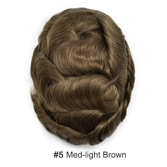 FACE MIRACLE Mens Toupee Lace Front Hairpieces Soft Human Hair Replacement System Natural Hairline Toupee for Men French Lace Poly V-Looped Mens hair Units 6"X9" 5#MEDIUM LIGHT BROWN