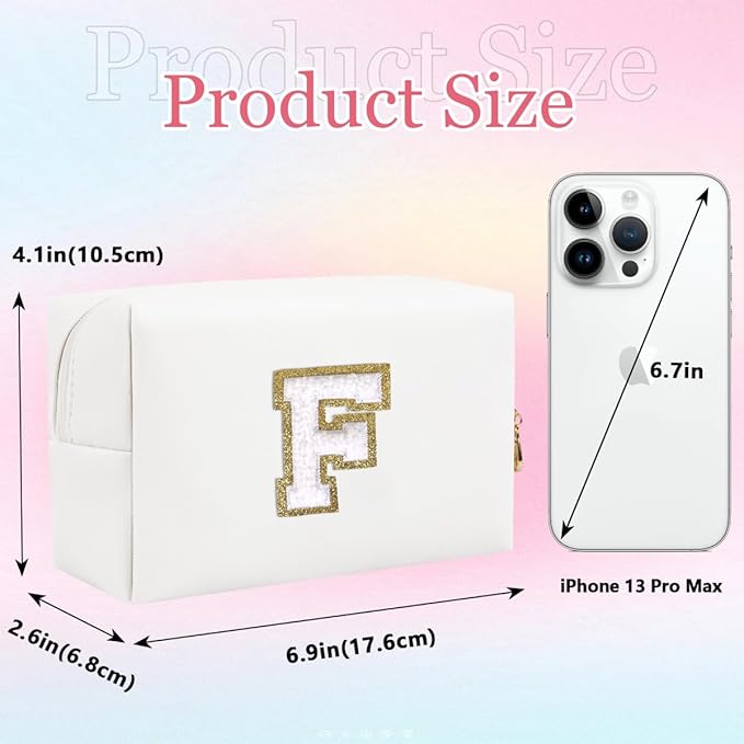 Small Personalized Letter Makeup Bag, Cute PU Leather Chenille Letters Cosmetic Bag Travel Makeup Pouch, Preppy Travel Organizer Zipper Pouch for Women&Girls（White-F）