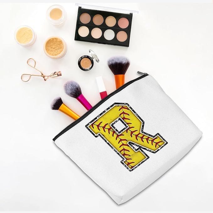 Initial Makeup Bag Monogrammed Cosmetic Bag Yellow Letter R Zipper Pouch Softball Accessories for Girls Women Player Coach Friend Graduation Birthday Gifts