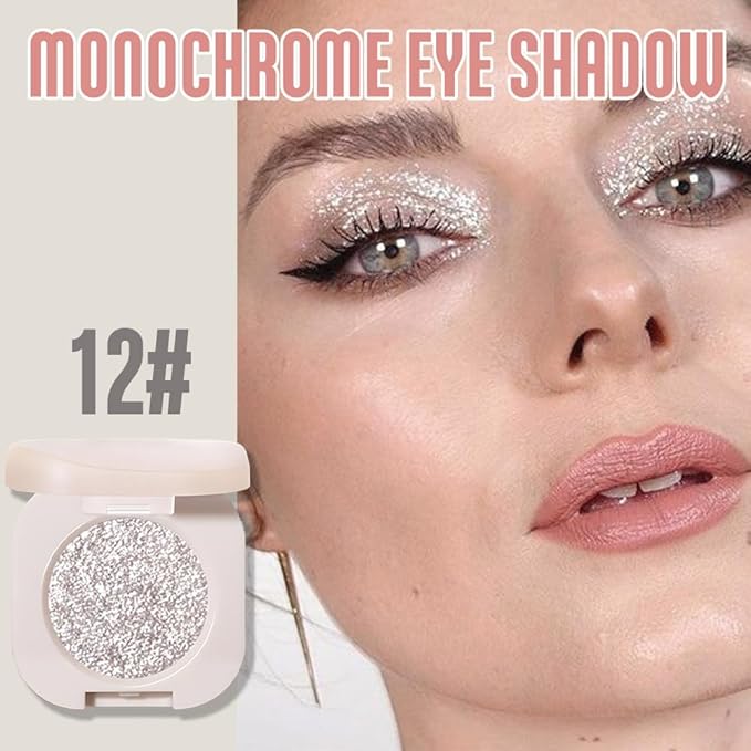 Glitter Shimmer Sparkle Eyeshadow Palette Makeup for Older Women, Silver Glitter Shimmer Metallic Holographic Multichrome Cream Iridescent Single Monochrome Eye Shadow Makeup, 12