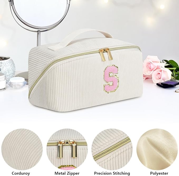 Personalized Initial Makeup Bag,Christmas Gifts for Girl,Preppy Bag Cosmetic Travel Bag Women,Travel Toiletry Organizer,Large Capacity Corduroy Stuff Bag,Cute Cosmetic Pouch Skincare Bag-F