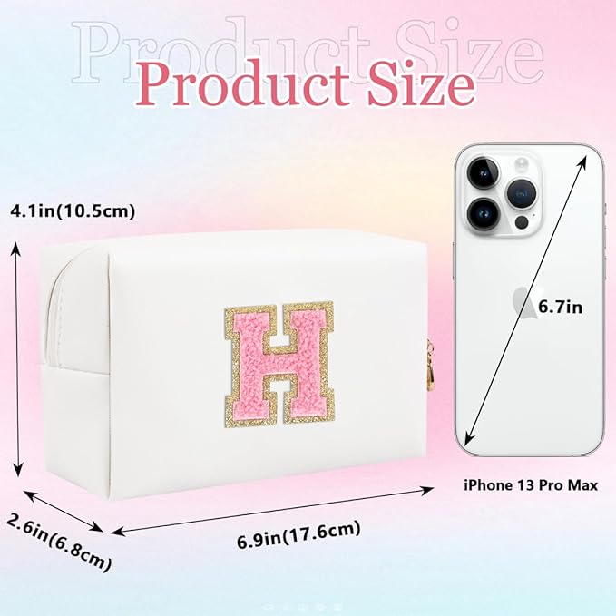 Small Personalized Letter Makeup Bag, Cute PU Leather Chenille Letters Cosmetic Bag Travel Makeup Pouch, Preppy Travel Organizer Zipper Pouch for Women&Girls（WhitePink-H）