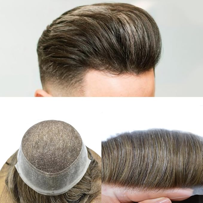 FACE MIRACLE French Lace Mens Toupee Human Hair System Thin Skin Toupee for Men Lace Center Hair Replacement System 8"X10" #540 5# MEDIUM LIGHT BROWN WITH 40% SYNTHETIC GREY