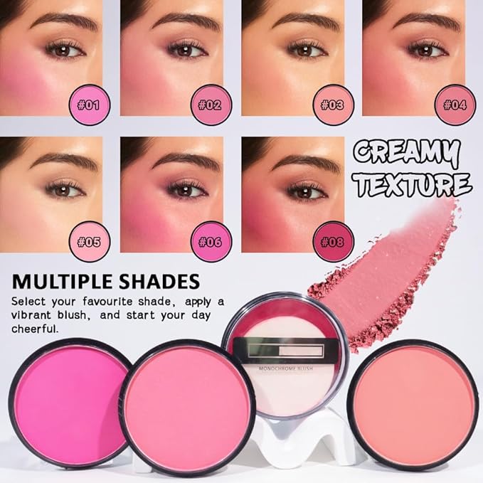 Natural Single Matte for Face Cheeks Blush with Makeup Powder Puff, Warm Orange Red Monochrome Blush Cream Powder Makeup Palette Blushes Long-lasting Blendable Foundation for Women Every Day 04
