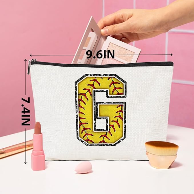 Softball Gifts Initial Makeup Bag Monogrammed Cosmetic Bag Letter G Zipper Pouch Softball Accessories for Girls Women Softballs Player Coach Friend Softballs Stuff Graduation Birthday Gifts