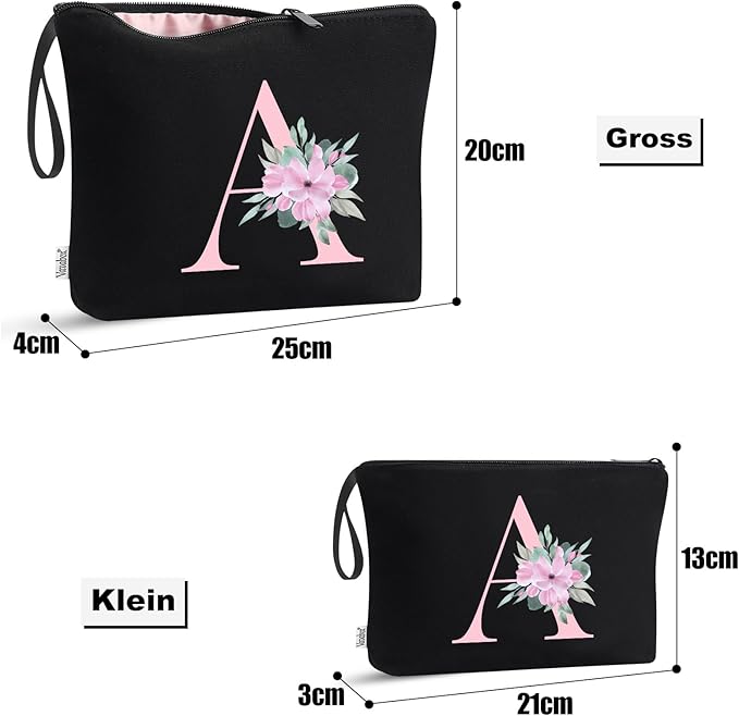 Vavabox A-Z Personalized Makeup Bag, Birthday Gifts for Women Mom, Gifts for Best Friend, Bride Bridesmaid Cosmetic bag (D, 04-Black Set)