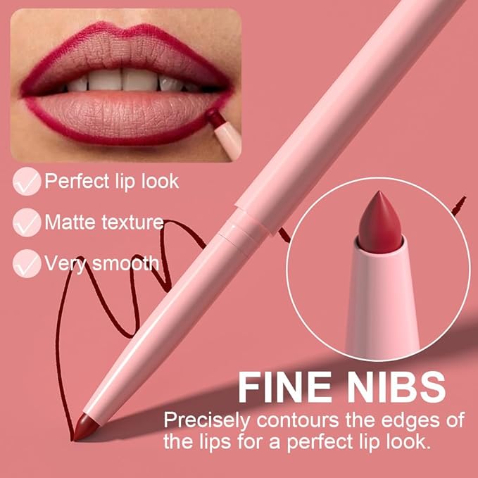 6Pcs Retractable Lipliner Pencil Waterproof Makeup for Lip Liner and Eye Liner, Smooth and Creamy, Long Lasting Matte Finish, Vegan Beauty, Matte Velvet Pigmented Lip Liner (02, 6Pcs)