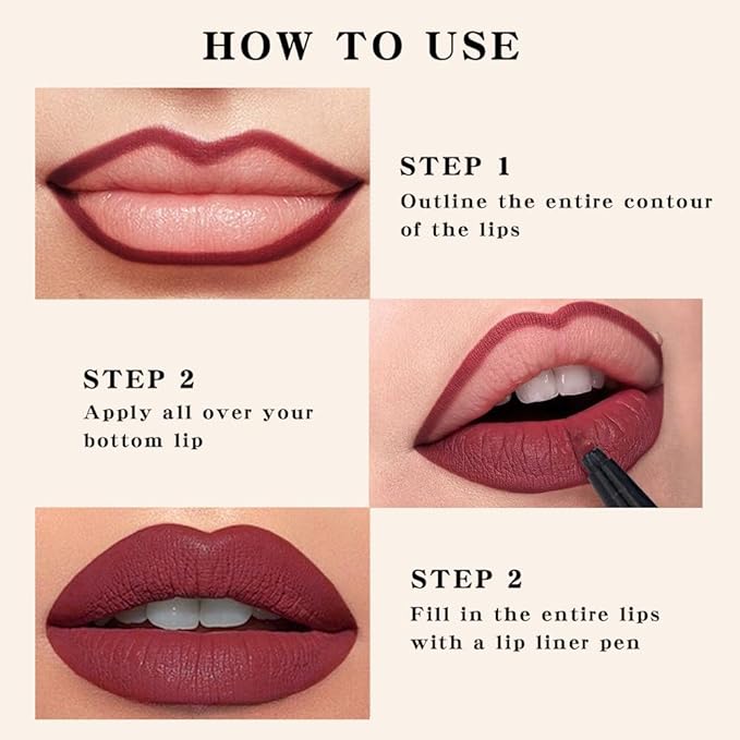 Kaely 3Pcs Dark Red Pink Rose Pink Longwear Liquid Lip Liner Waterproof, 24 Hour Long Lasting Lip Liner Stain Marker Pen, 2-in-1 Matte Semi Permanent Lipliner & Lipstick, 01+02+04