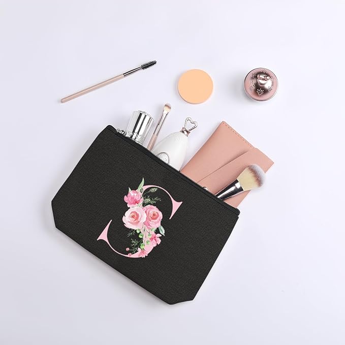 A-Z Personalized Cosmetic Bag Monogrammed Makeup Bags Bridesmaid Gifts Custom Toiletry Pouch Gifts for Women Mom Best Friend Sister Bride Bridesmaid (S)