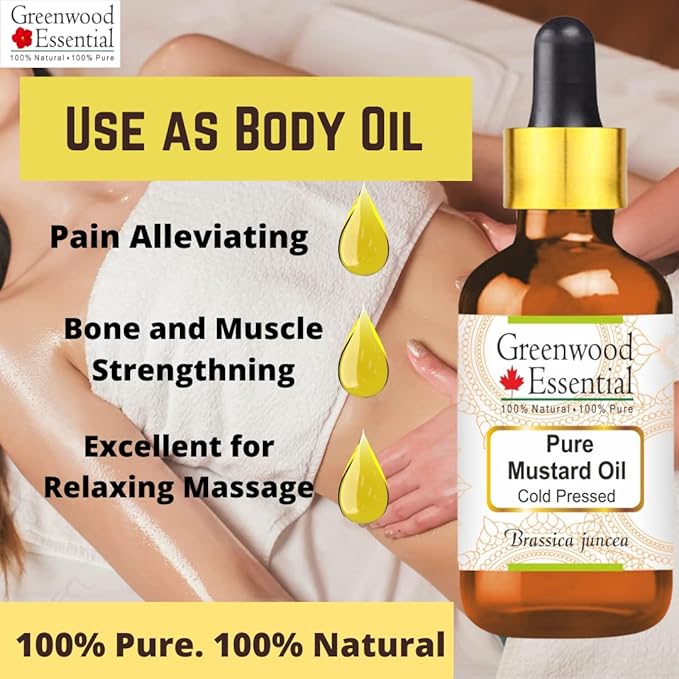 Greenwood Essential Mustard Oil (Brassica juncea) | Cold Pressed | Natural | Undiluted | For Diluting Essential Oils | For Skin & Massage | Men & Women | 200ml (6.76 oz)