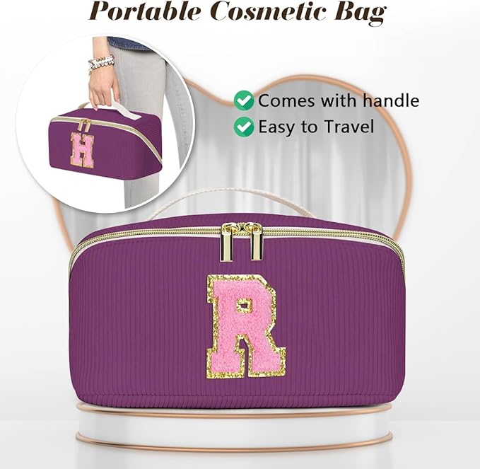 Personalized Initial Makeup Bag,Christmas Gifts for Girl,Preppy Bag Cosmetic Travel Bag Women,Travel Toiletry Organizer,Large Capacity Corduroy Stuff Bag,Cute Cosmetic Pouch Skincare Bag-D