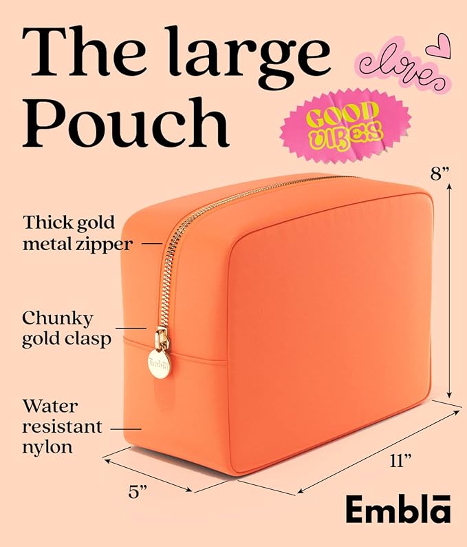 Embla Makeup Bag Travel Cosmetics Pouch and Toiletry Bag, Nylon Zipper Pouch Purse, Cute Make Up Organizer Storage Tote for Women Girls, Waterproof Travel Skincare Case, Large Makeup Bags, Peach