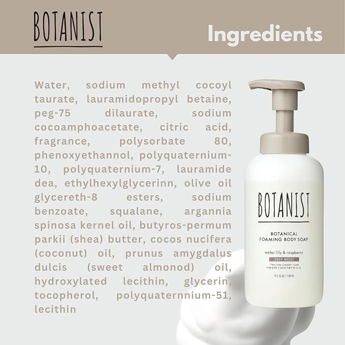 Botanist Shea Butter Body Wash Foaming for Women & Men, Moisturizing Liquid Soap for Sensitive & Dry Skin, Botanical Buttermilk™ from Japan, Sulfate & Paraben Free, Water Lily & Raspberry, 30.4 Fl Oz