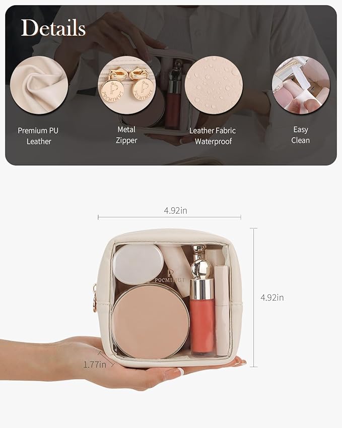 Pocmimut Mini Makeup Bag with Small Cosmetic Bag Travel Essentials Organizers,TSA Approved Toiletry Bag Makeup Pouch Clear Cosmetic Bags for Women,Beige