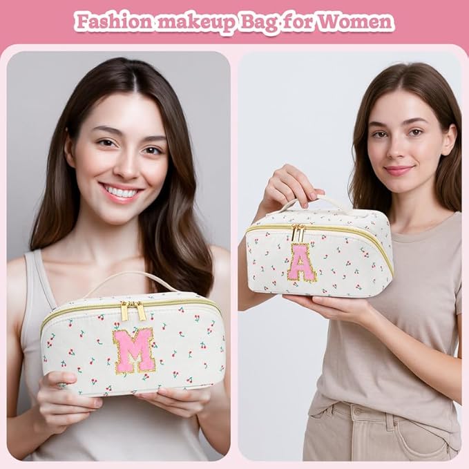 Personalized Travel Makeup Bag Set,Initial Travel Cute Cherry Makeup Organizer Bag,Toiletry Skincare Cosmetic Bag,Christmas Gifts for Women/Girls,Open Flat Toiletry Pouch with Brush Pocket-X